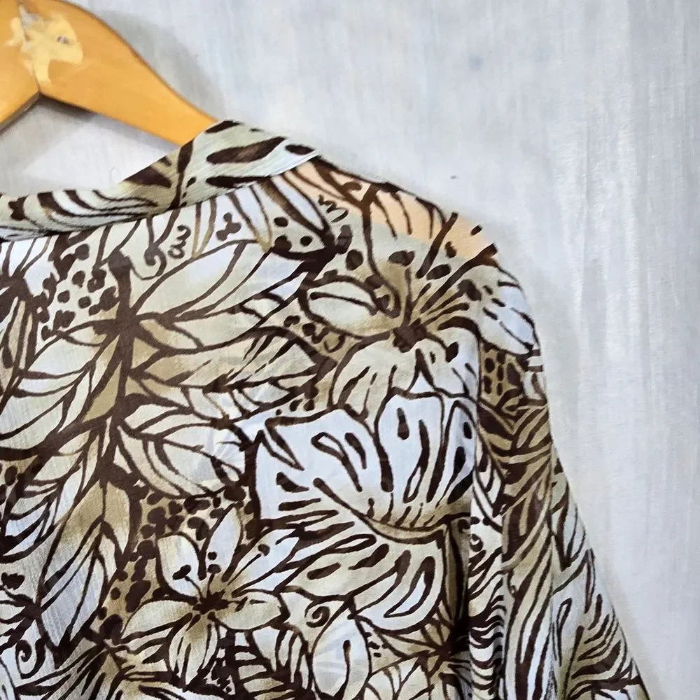 Alfred Dunner Cream and Brown Leaf Print Blouse Size 18